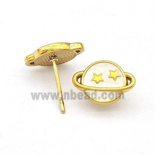 Stainless Steel Planet Stud Earring White Enamel Gold Plated