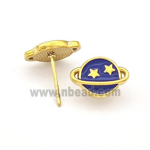 Stainless Steel Planet Stud Earring Darkblue Enamel Gold Plated