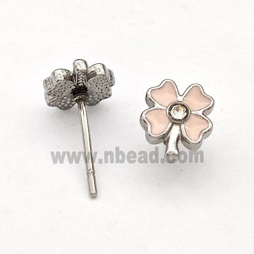 Raw Stainless Steel Clover Stud Earring Pink Enamel