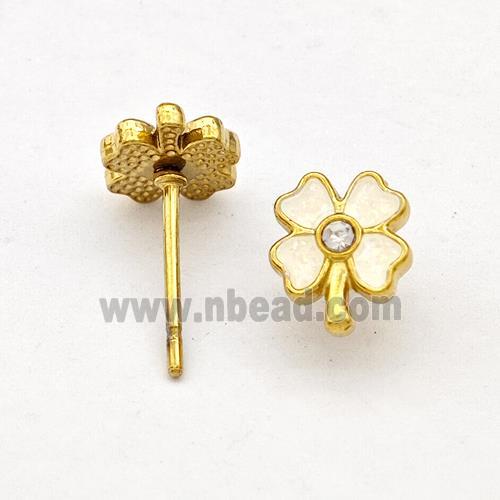 Stainless Steel Clover Stud Earring White Enamel Gold Plated