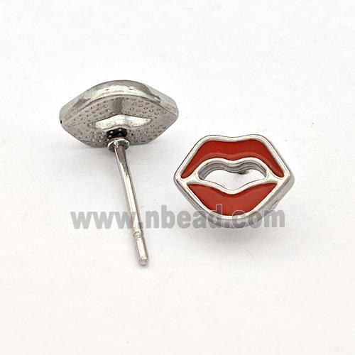 Raw Stainless Steel Lip Stud Earring Red Enamel