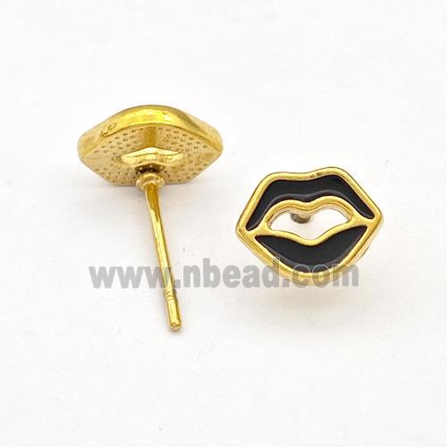 Stainless Steel Lip Stud Earring Black Enamel Gold Plated