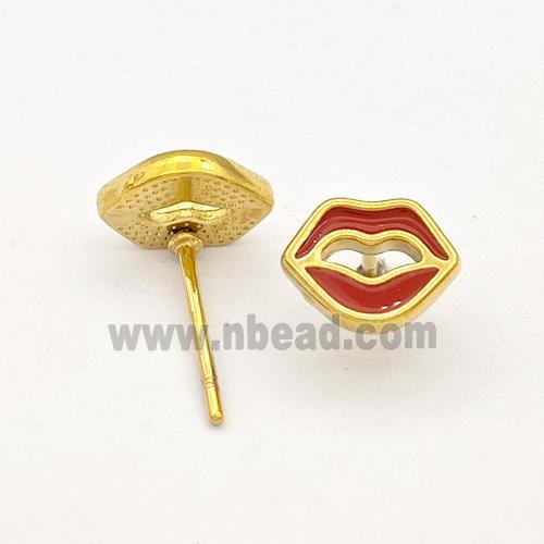 Stainless Steel Lip Stud Earring Red Enamel Gold Plated