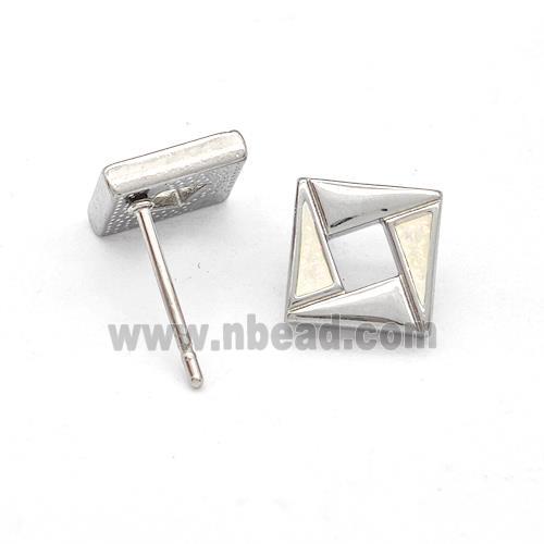 Raw Stainless Steel Square Stud Earring White Enamel