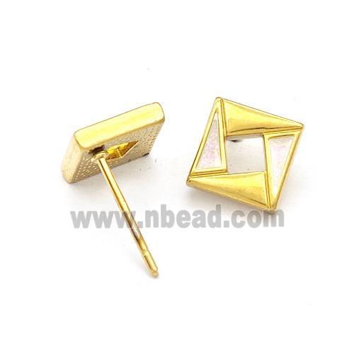 Stainless Steel Square Stud Earring White Enamel Gold Plated