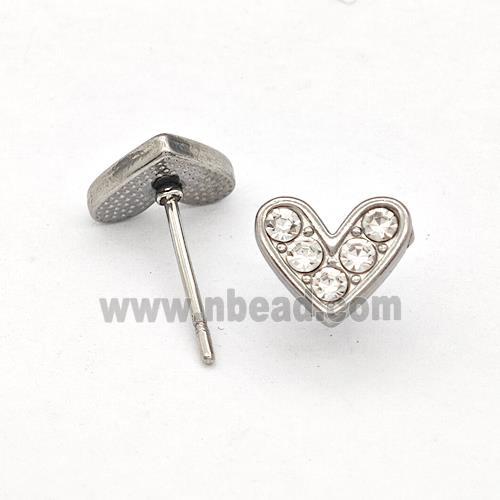 Raw Stainless Steel Hear Stud Earrings Pave Rhinestone