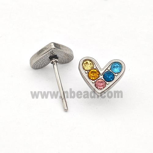 Raw Stainless Steel Hear Stud Earrings Pave Multicolor Rhinestone