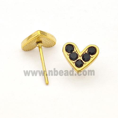 Stainless Steel Hear Stud Earrings Pave Black Rhinestone Gold Plated