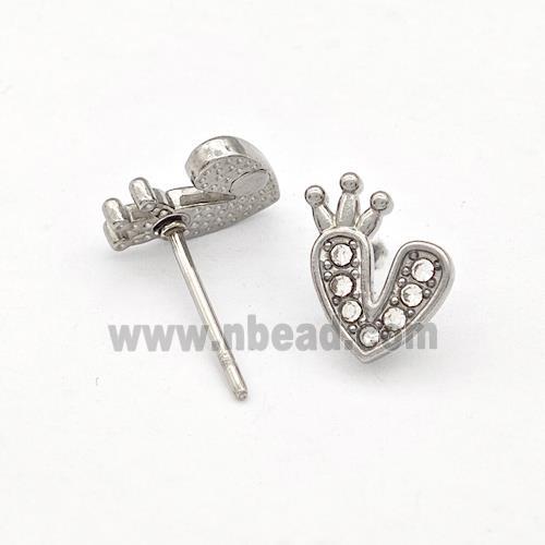 Raw Stainless Steel Heart Stud Earrings Pave Rhinestone Crown