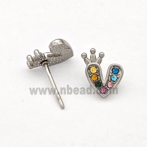 Raw Stainless Steel Heart Stud Earrings Pave Multicolor Rhinestone Crown