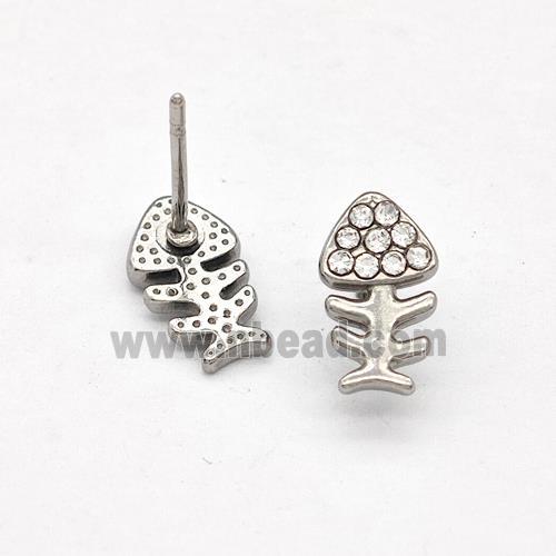 Raw Stainless Steel Fishbone Stud Earrings Pave Rhinestone