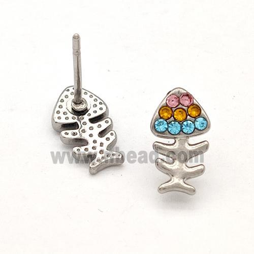 Raw Stainless Steel Fishbone Stud Earrings Pave Multicolor Rhinestone