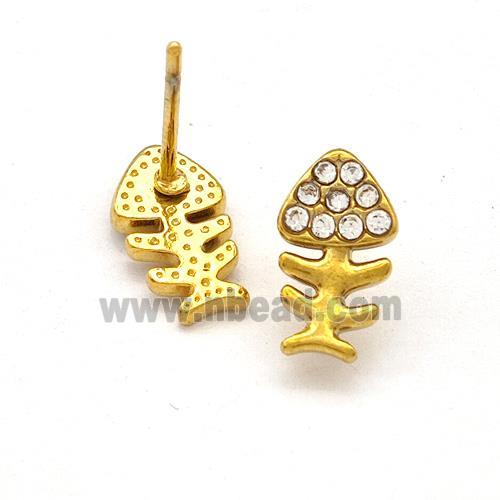 Stainless Steel Fishbone Stud Earrings Pave Rhinestone Gold Plated