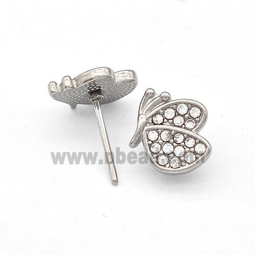 Raw Stainless Steel Butterfly Stud Earrings Pave Rhinestone