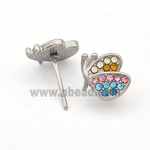 Raw Stainless Steel Butterfly Stud Earrings Pave Rhinestone