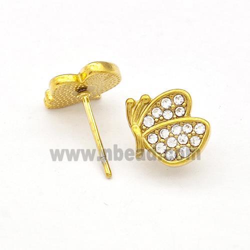 Stainless Steel Butterfly Stud Earrings Pave Rhinestone Gold Plated