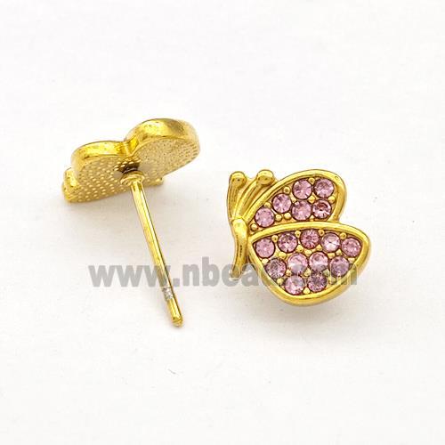 Stainless Steel Butterfly Stud Earrings Micro Pave Pink Rhinestone Gold Plated