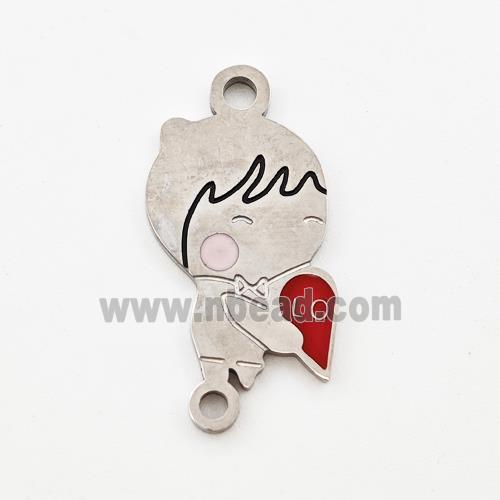 Raw Stainless Steel Kids Boy Connector Split Heart Red Enamel