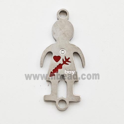 Raw Stainless Steel Kids Boy Connector Split Heart Red Enamel