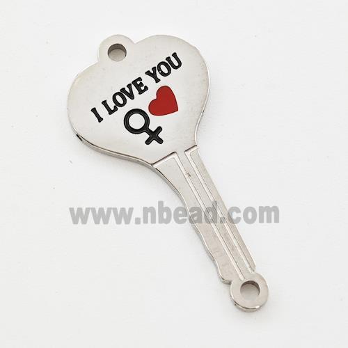 Raw Stainless Steel Key Charms Connector Heart Red Enamel