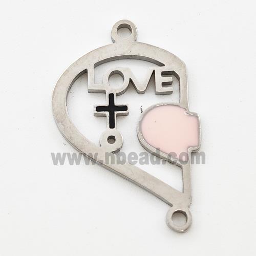 Raw Stainless Steel Split Heart Connector Girl LOVE Pink Enamel