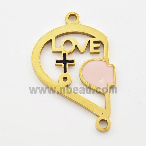 Stainless Steel Split Heart Connector Girl LOVE Pink Enamel Gold Plated