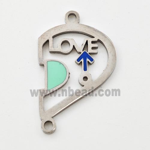 Raw Stainless Steel Split Heart Connector Boy LOVE Green Enamel