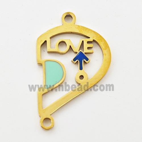 Stainless Steel Split Heart Connector Boy LOVE Green Enamel Gold Plated