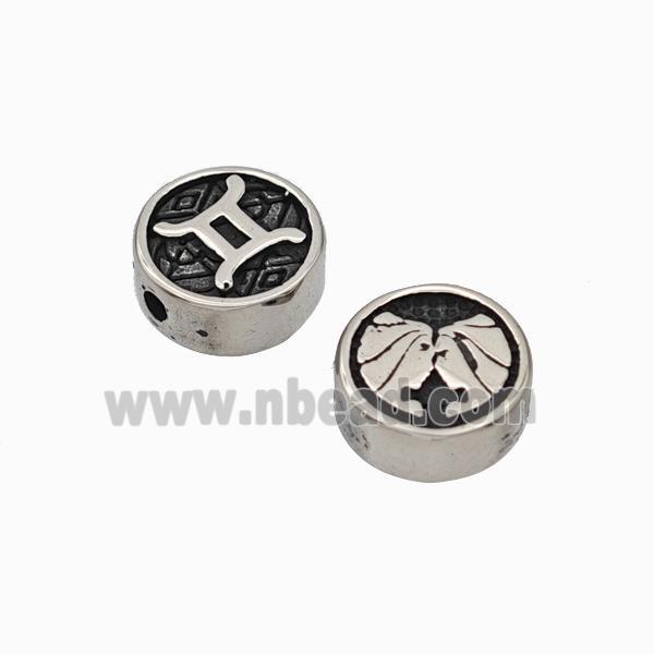 Stainless Steel Coin Beads Zodiac Gemini Antique Silver