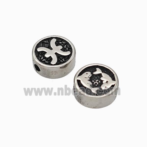 Stainless Steel Coin Beads Zodiac Pisces Antique Silver