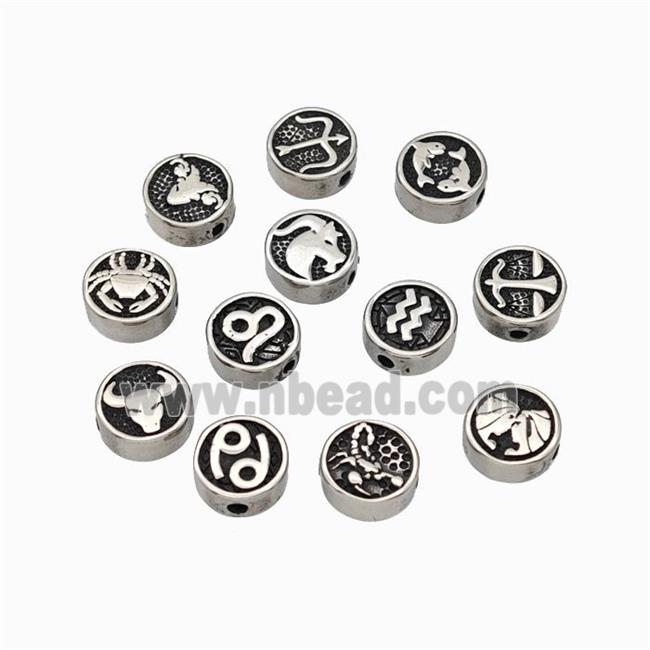 Stainless Steel Coin Beads Zodiac Antique Silver Flat Round Mixed