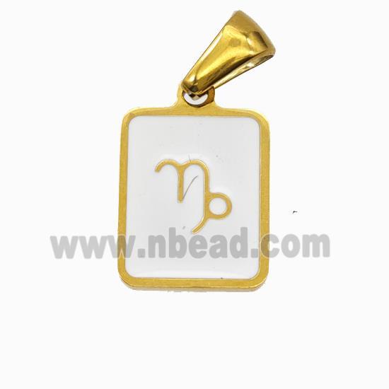 Stainless Steel Symbol Pendant Zodiac Capricorn White Enamel Rectangle Gold Plated