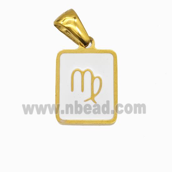 Stainless Steel Symbol Pendant Zodiac Virgo White Enamel Rectangle Gold Plated