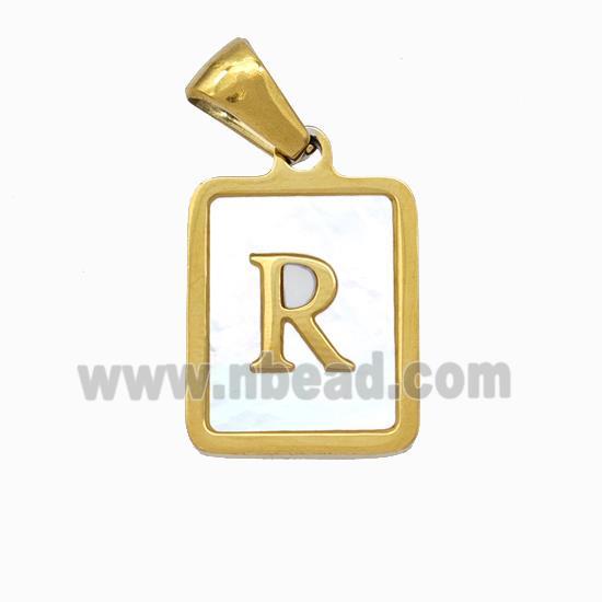 Stainless Steel Rectangle Pendant Pave Shell Letter-R Gold Plated