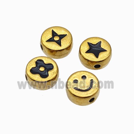 Stainless Steel Symbol Coin Beads Black Enamel Gold Plated Mixed