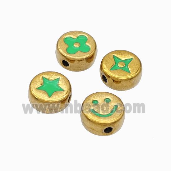 Stainless Steel Symbol Coin Beads Green Enamel Gold Plated Mixed