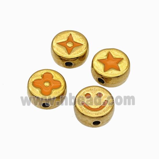 Stainless Steel Symbol Coin Beads Orange Enamel Gold Plated Mixed