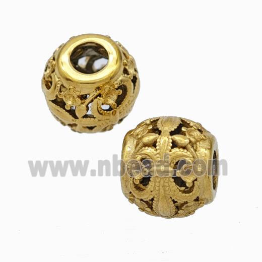 Titanium Steel Round Beads Large Hole Hollow Fleur De Lis Gold Plated