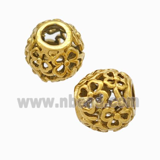 Titanium Steel Round Beads Large Hole Hollow Clover Gold Plated