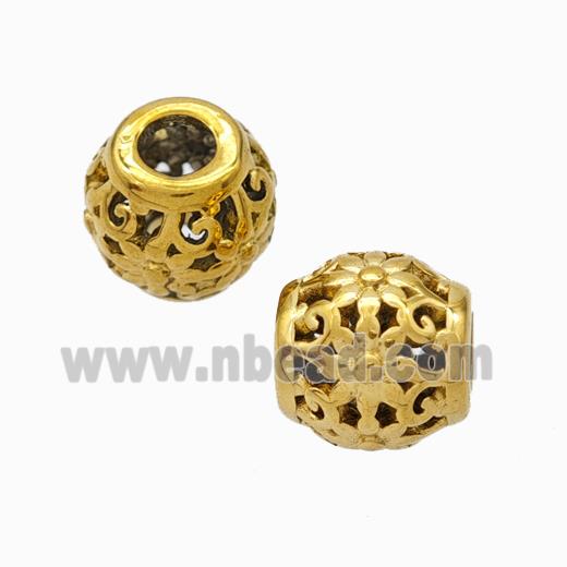 Titanium Steel Barrel Beads Large Hole Hollow Flower Gold Plated