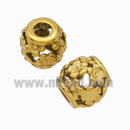 Titanium Steel Barrel Beads Large Hole Hollow Flower Gold Plated