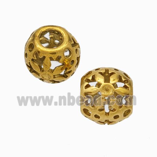 Titanium Steel Round Beads Large Hole Hollow Flower Gold Plated