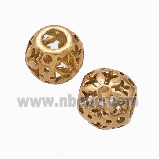 Titanium Steel Round Beads Large Hole Hollow Flower Rose Gold