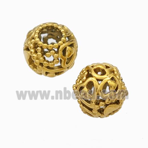 Titanium Steel Round Beads Large Hole Hollow Heart Gold Plated