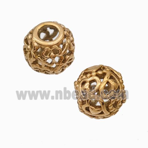 Titanium Steel Round Beads Large Hole Hollow Heart Rose Gold