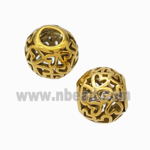 Titanium Steel Round Beads Large Hole Hollow Heart Gold Plated