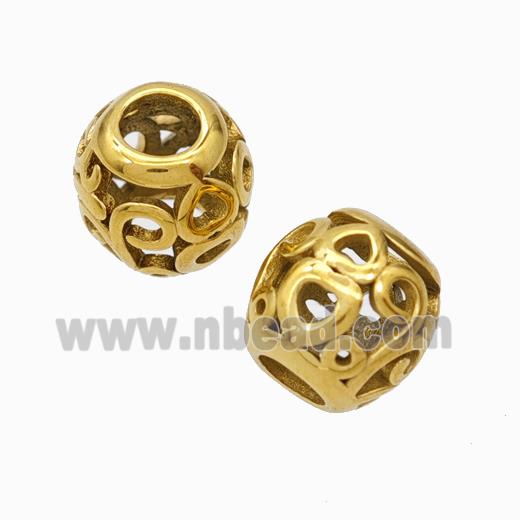 Titanium Steel Round Beads Large Hole Hollow Heart Gold Plated