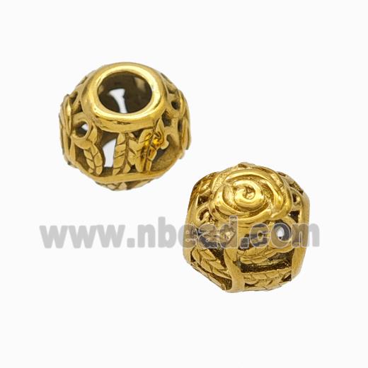 Titanium Steel Round Beads Large Hole Hollow Flower Gold Plated