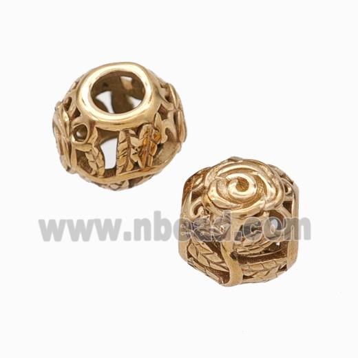 Titanium Steel Round Beads Large Hole Hollow Flower Rose Gold