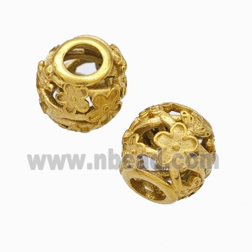 Titanium Steel Barrel Beads Large Hole Hollow Flower Gold Plated